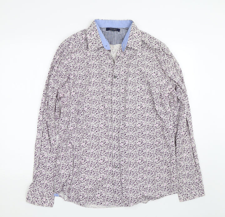 BHS Mens White Floral   Button-Up Size L