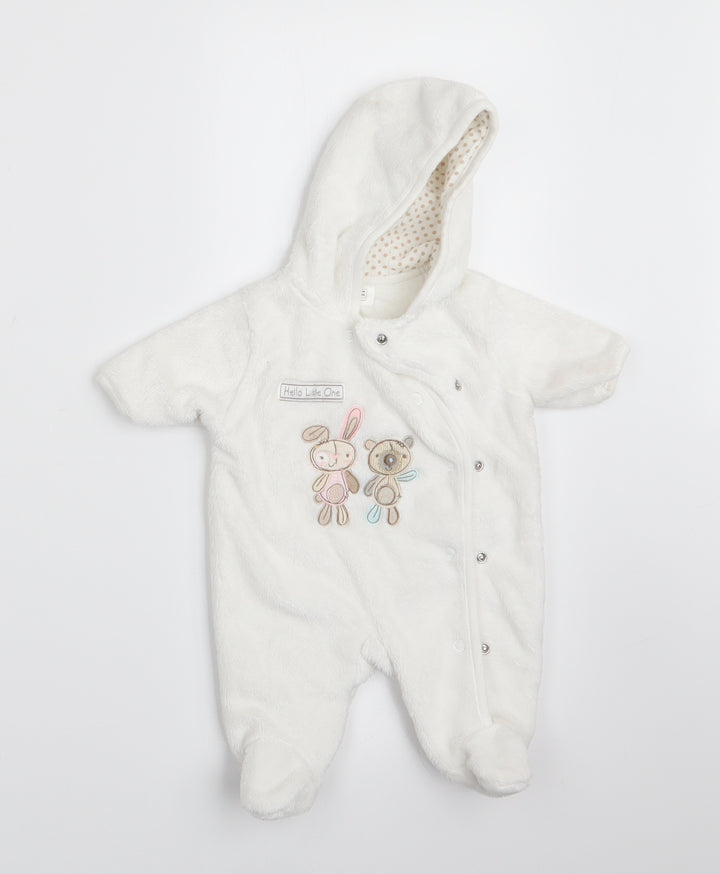 Florence and Fred Girls White Animal Print  Coverall One-Piece Size 0-3 Months  - Rabbit and Teddy Bear