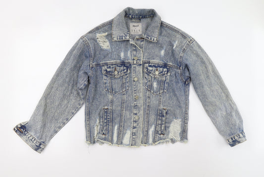 Front view of Primark women’s blue denim jacket, size UK 8, - distressed