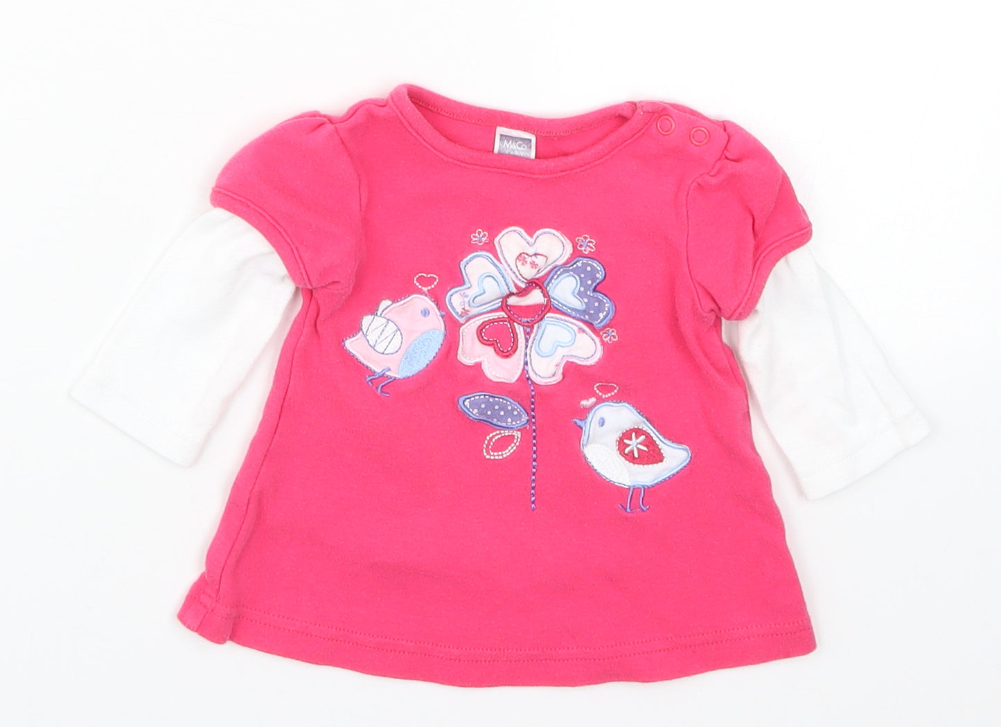 M&Co Girls Pink   Basic T-Shirt Size 6-9 Months  - Birds Flowers