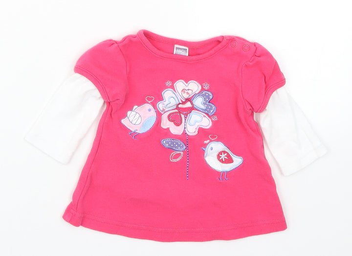 M&Co Girls Pink   Basic T-Shirt Size 6-9 Months  - Birds Flowers