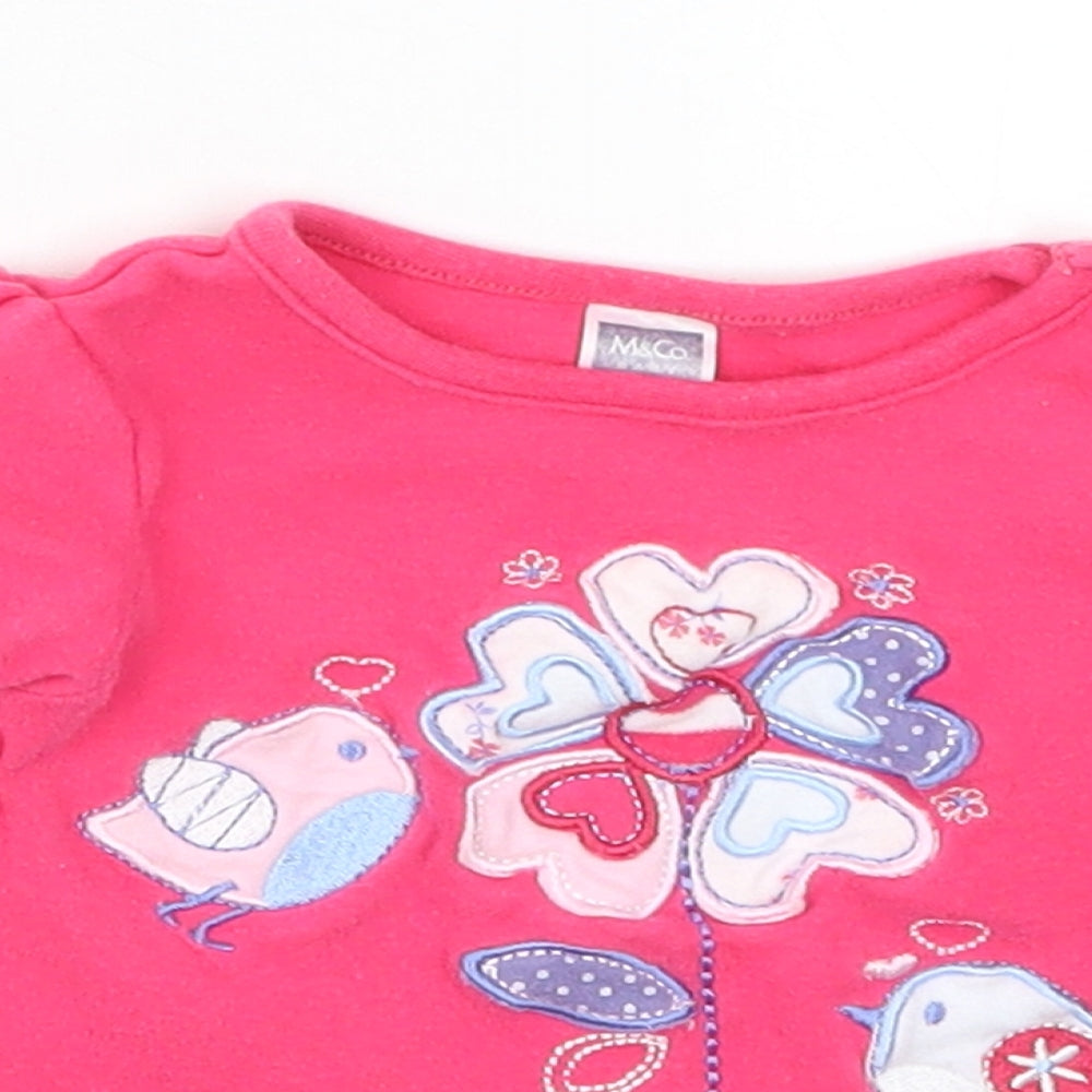 M&Co Girls Pink   Basic T-Shirt Size 6-9 Months  - Birds Flowers