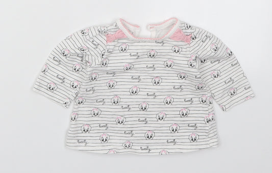 Front view of George girls’ white striped basic t-shirt, size 0-3, months - tweety