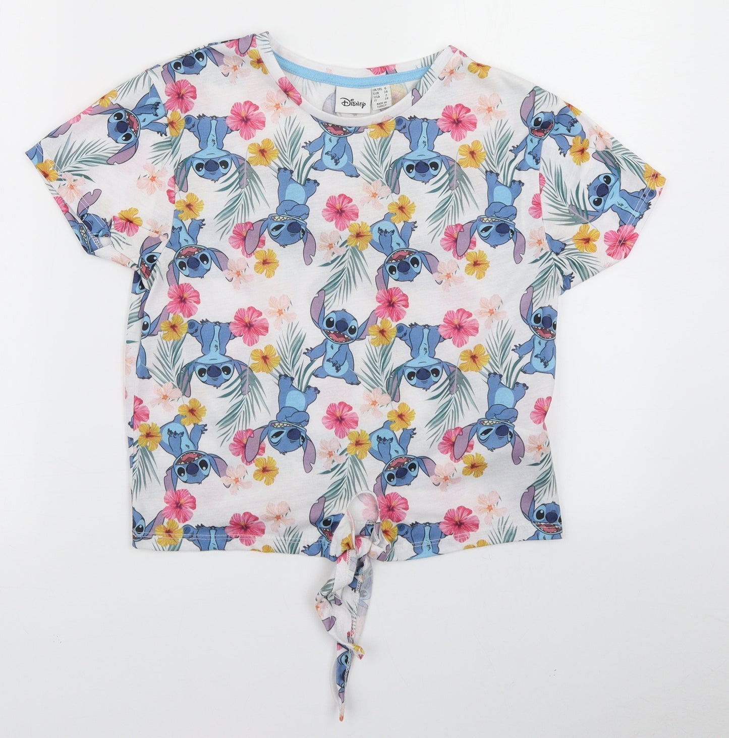 Primark Womens White Floral  Basic T-Shirt Size 6  - Disney Stitch
