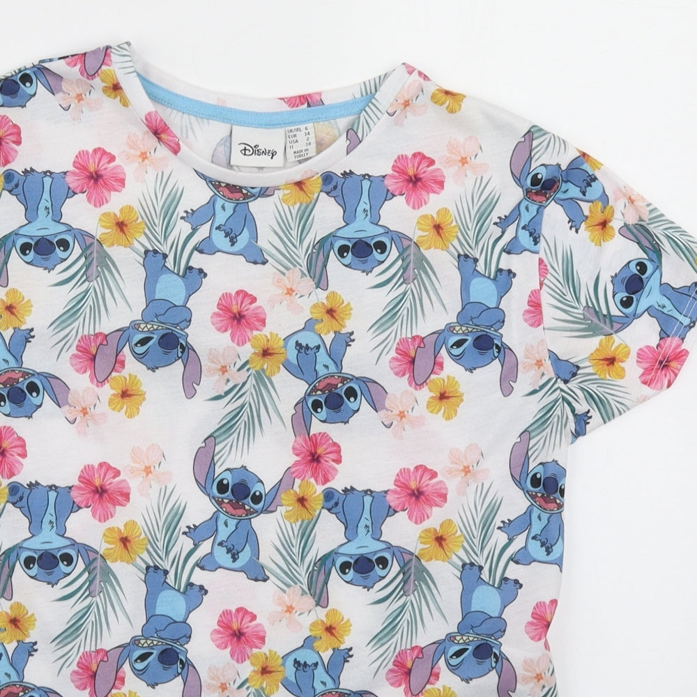 Primark Womens White Floral  Basic T-Shirt Size 6  - Disney Stitch