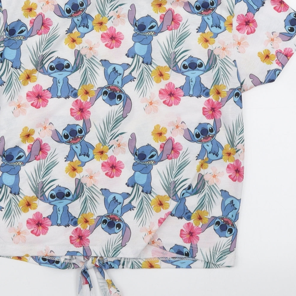 Primark Womens White Floral  Basic T-Shirt Size 6  - Disney Stitch