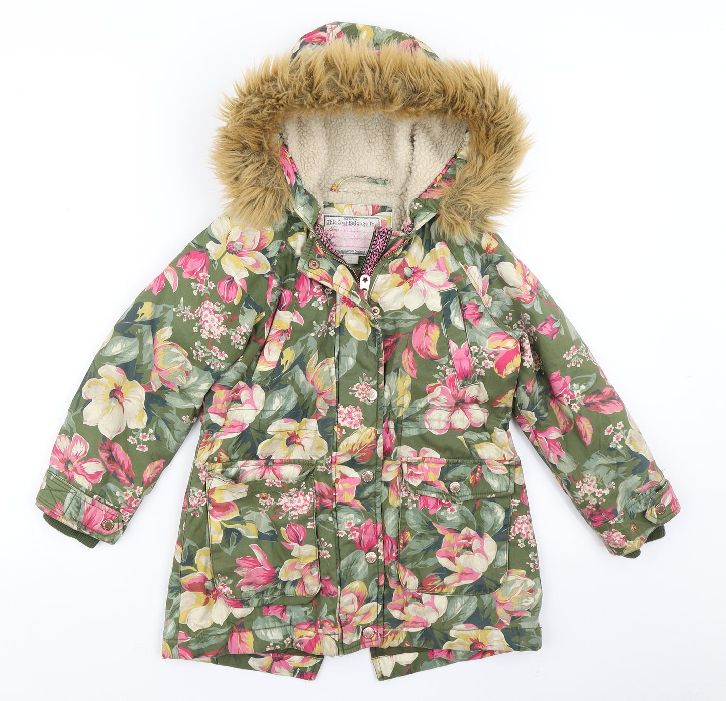 Monsoon Girls Green Floral  Parka Coat Size 5-6 Years