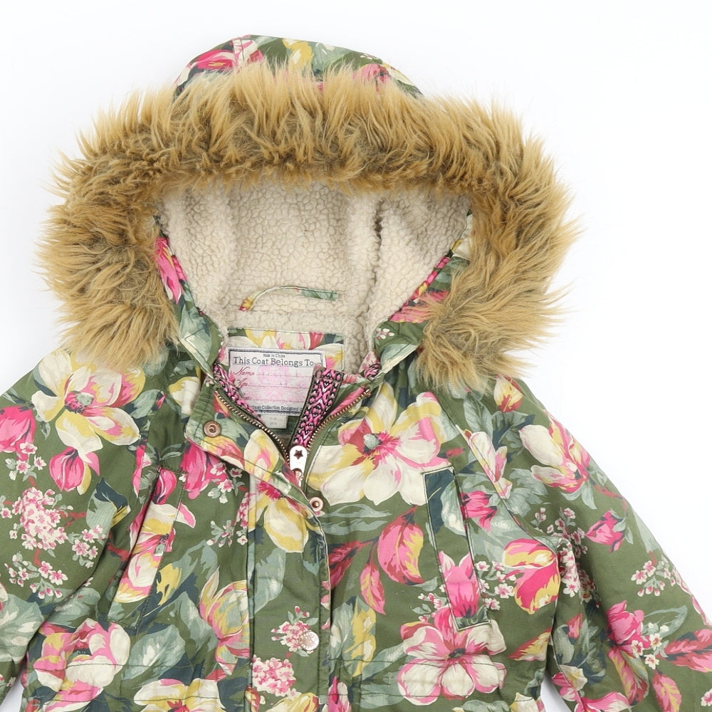 Monsoon Girls Green Floral  Parka Coat Size 5-6 Years