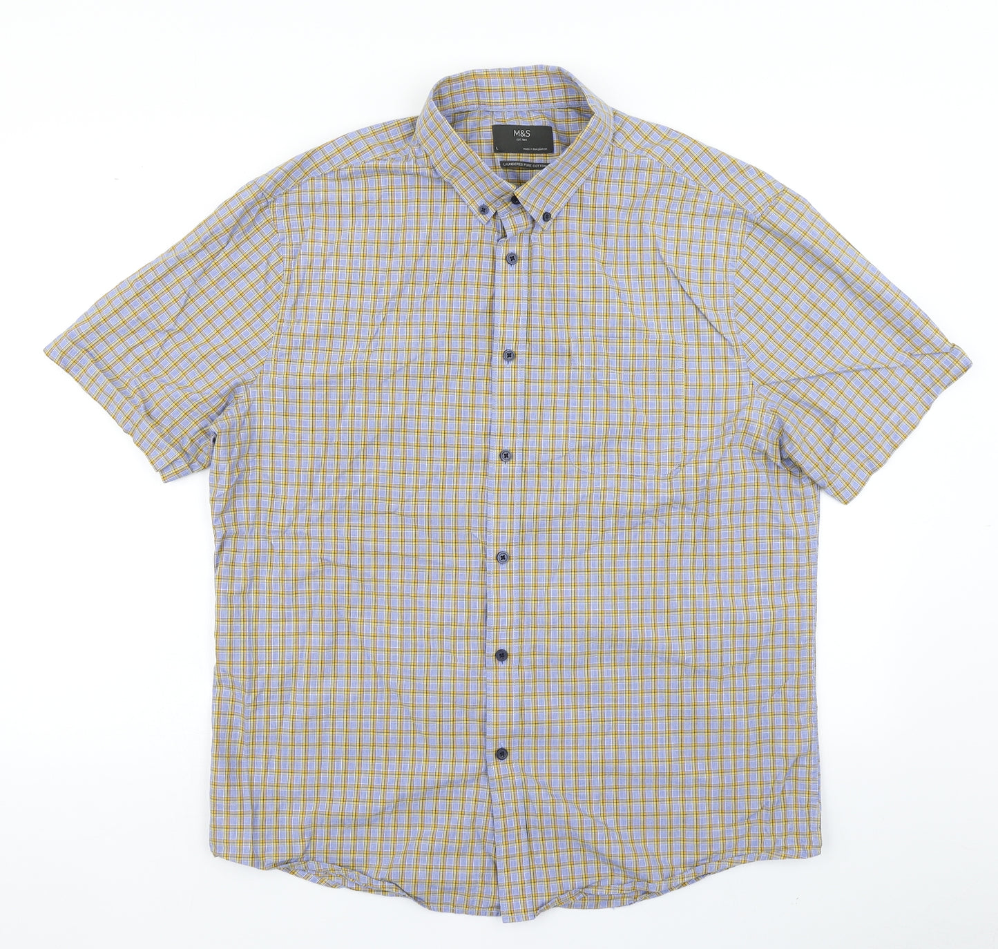 M&S Mens Blue Check   Button-Up Size L