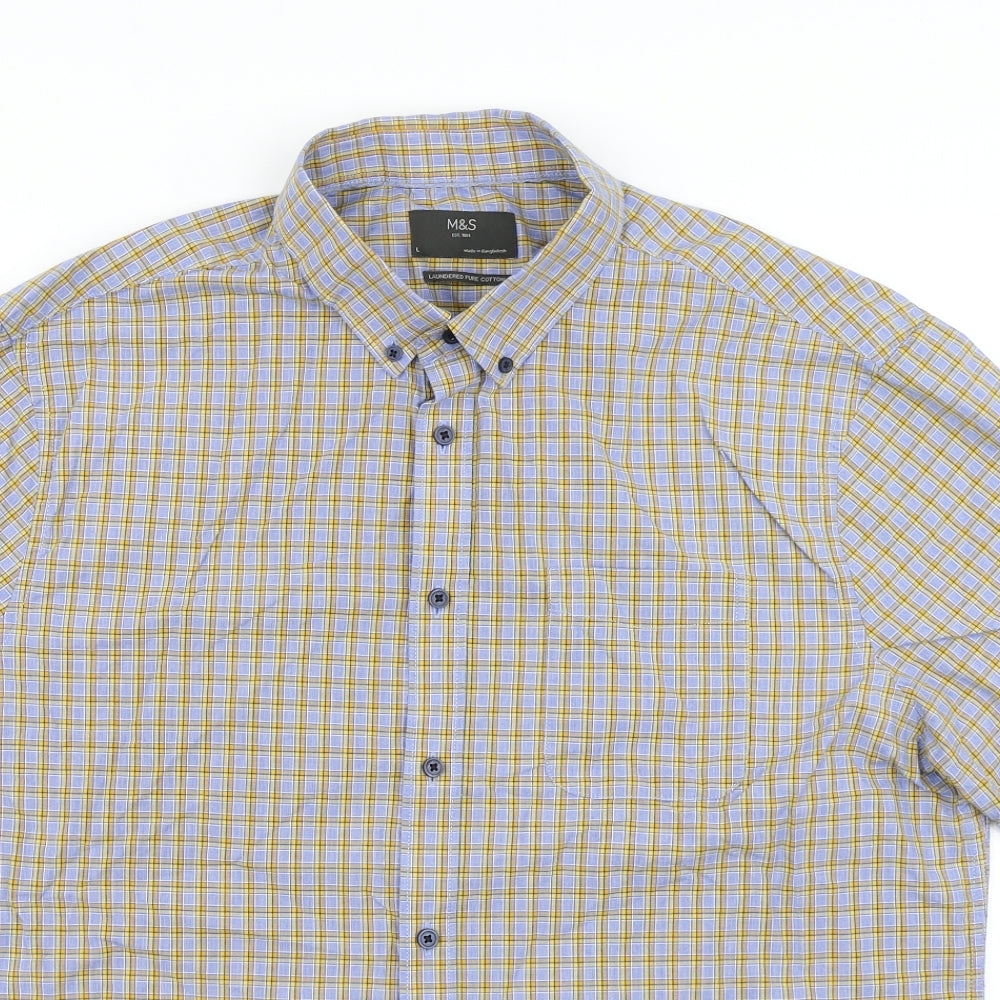 M&S Mens Blue Check   Button-Up Size L