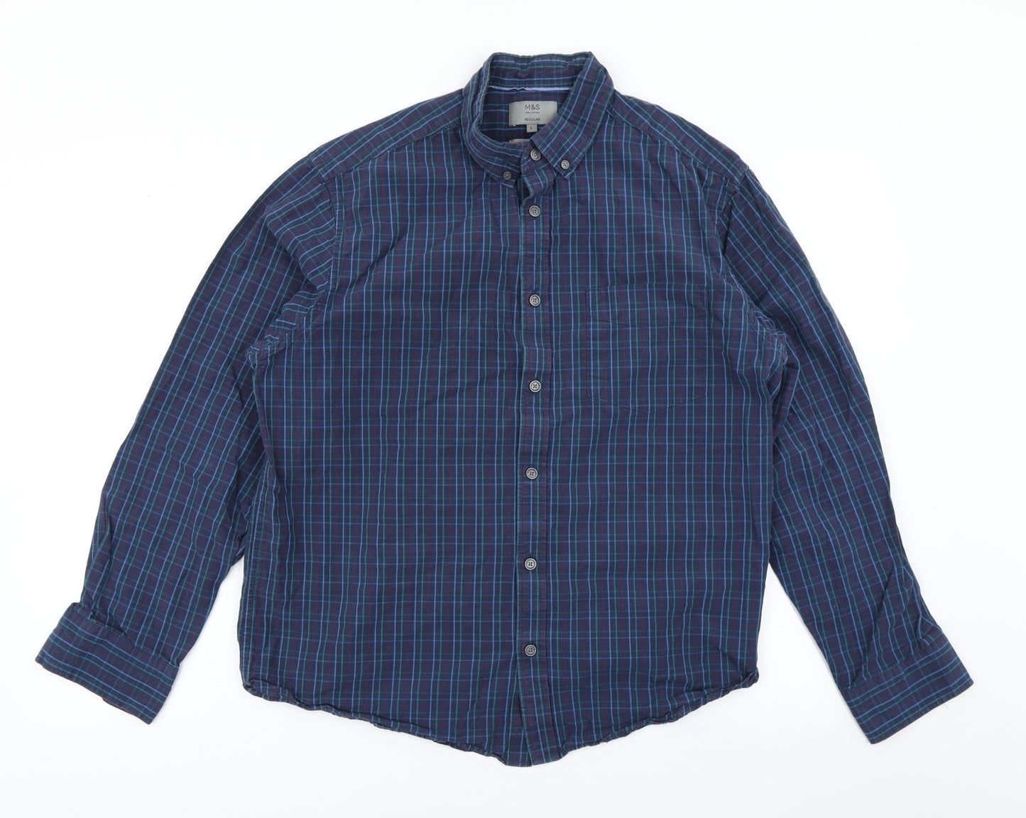 M&S Mens Blue Plaid   Button-Up Size L