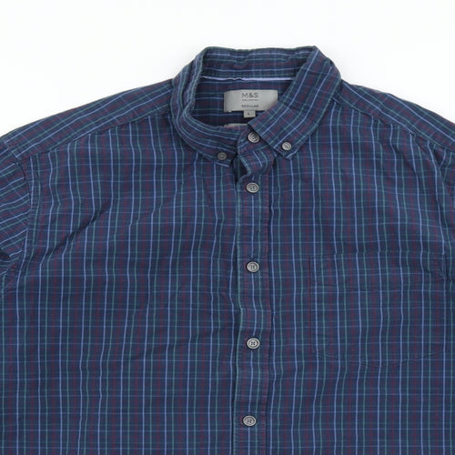 M&S Mens Blue Plaid   Button-Up Size L