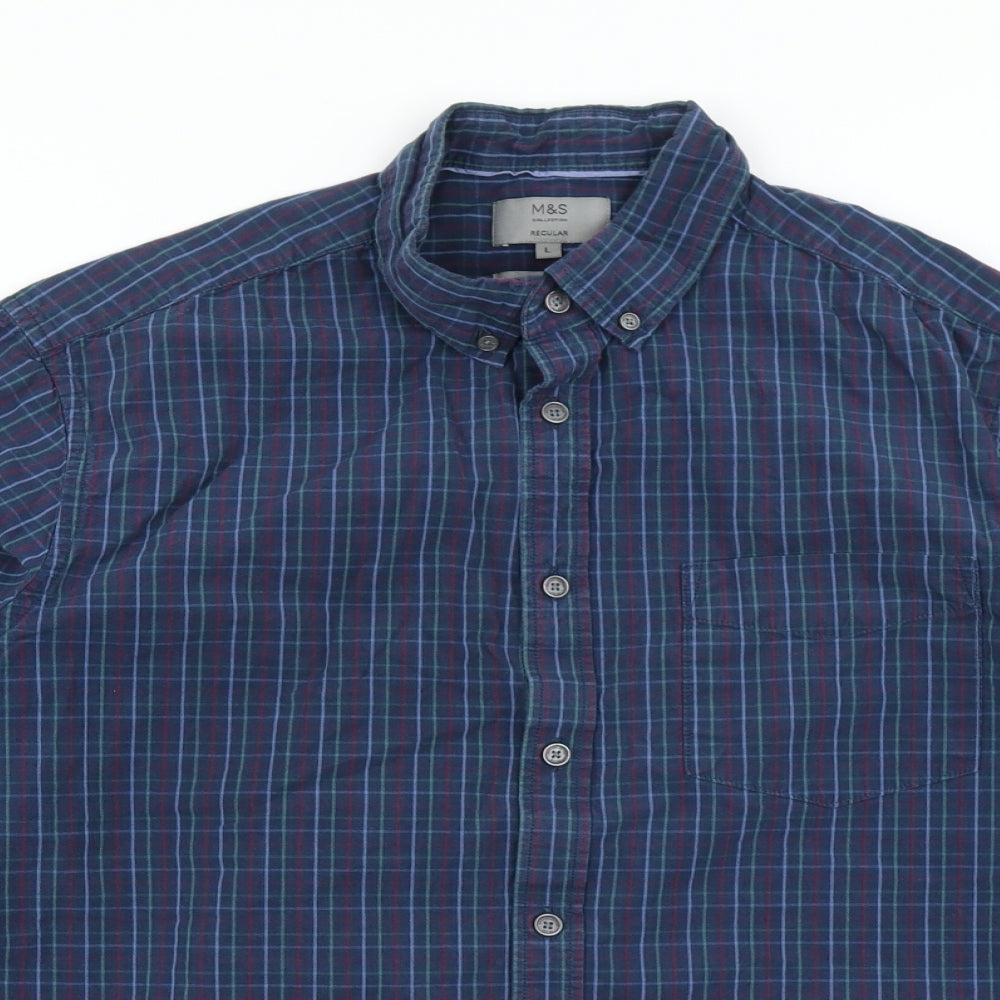 M&S Mens Blue Plaid   Button-Up Size L
