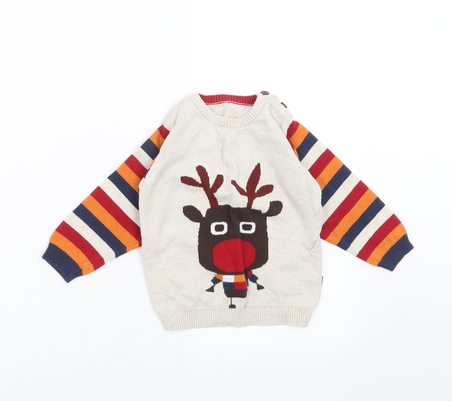 Nutmeg Boys Beige  Knit Pullover Jumper Size 18-24 Months  - Reindeer Christmas