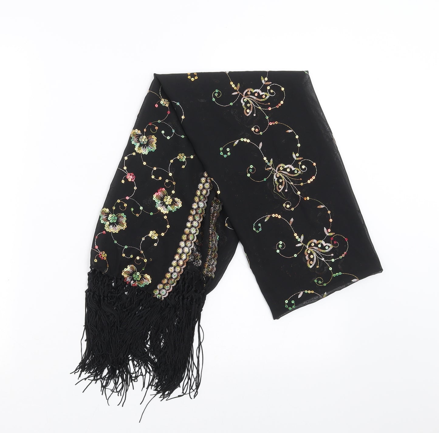 Preworn Womens Black Floral   Scarf   - sequins