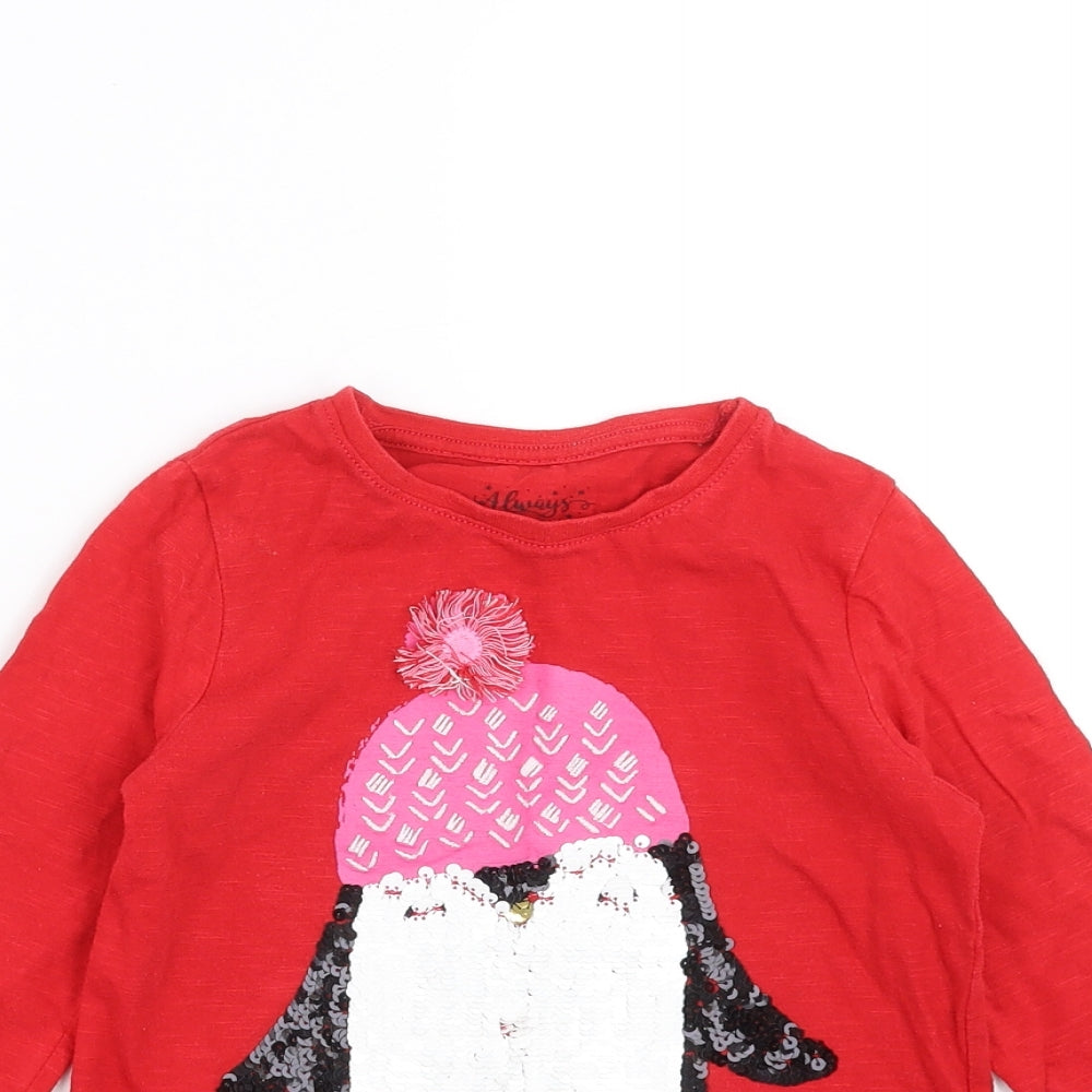 F&F Girls Red   Basic T-Shirt Size 6-7 Years  - penguin