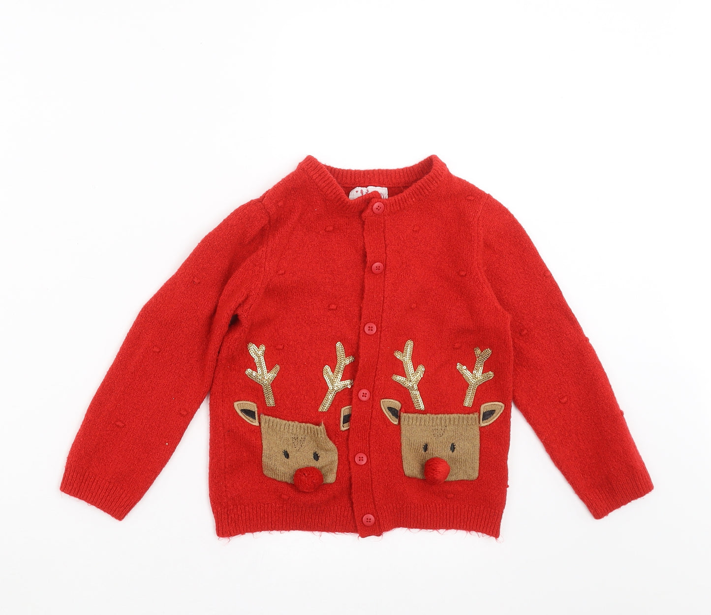 F&F Girls Red   Cardigan Jumper Size 5-6 Years  - Reindeer Christmas