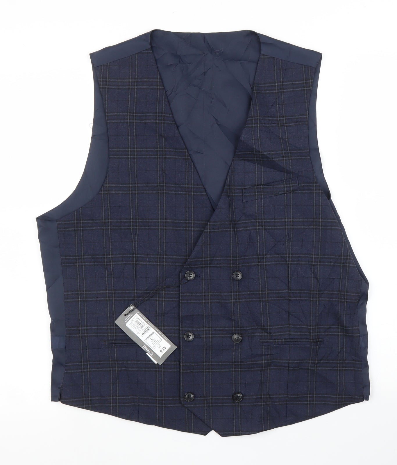 M&S Mens Blue Check  Jacket Suit Waistcoat Size L