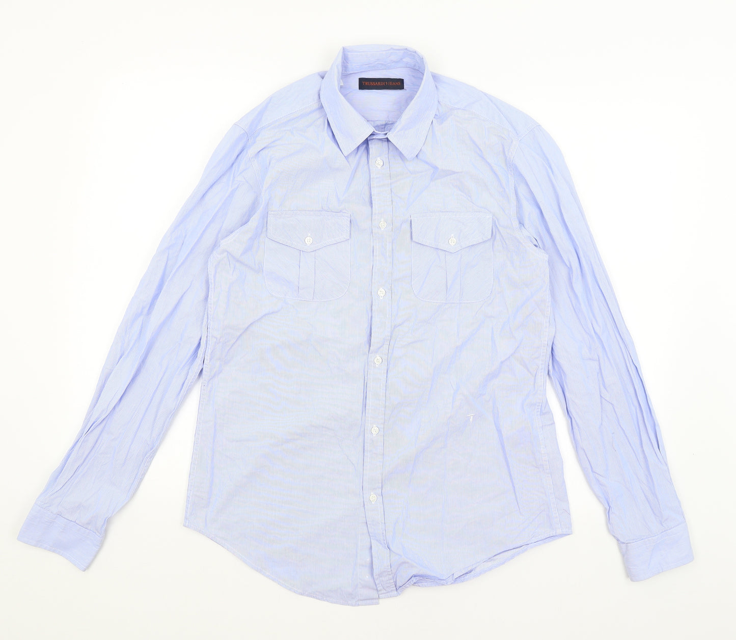Trussardi Womens Blue Striped  Basic Button-Up Size 12