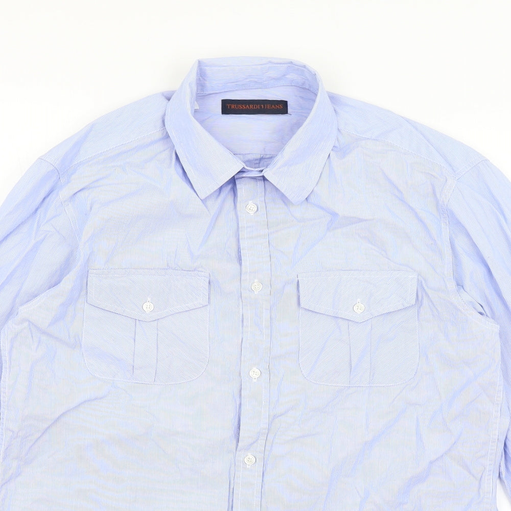 Trussardi Womens Blue Striped  Basic Button-Up Size 12