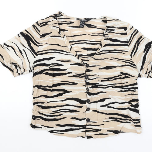 New Look Womens Beige Animal Print  Cropped Button-Up Size 12