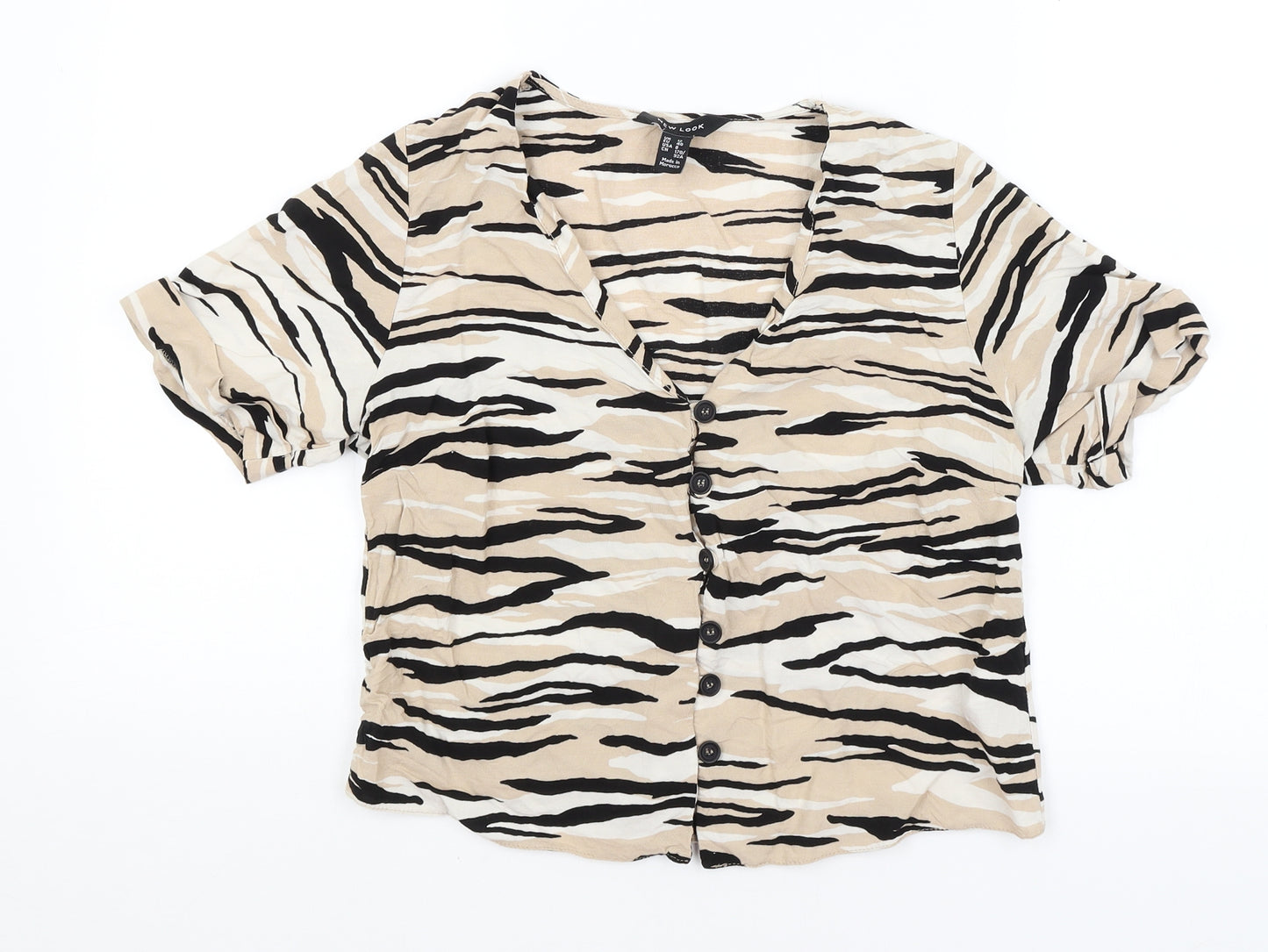 New Look Womens Beige Animal Print  Cropped Button-Up Size 12