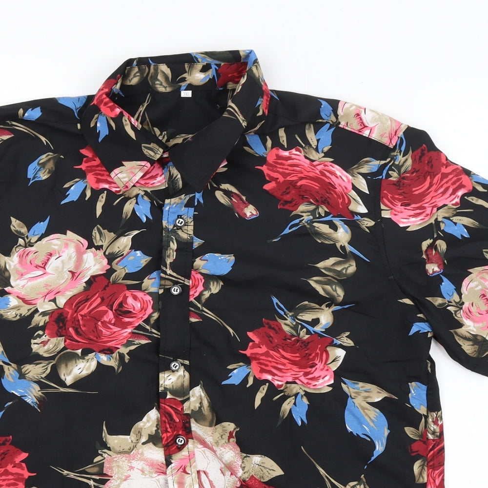 Ling Deng Mens Black Floral   Button-Up Size 3XL