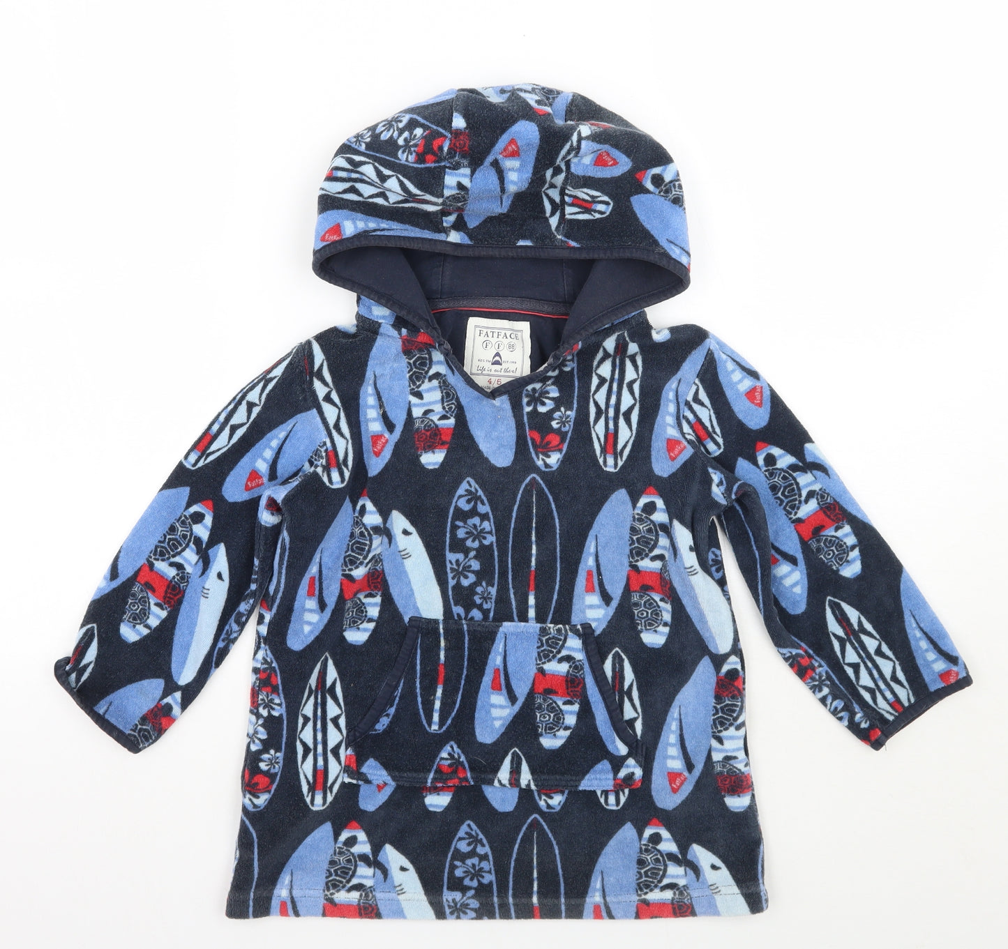 Fat Face Boys Blue Geometric  Pullover Hoodie Size 4-5 Years  - Towel Texture