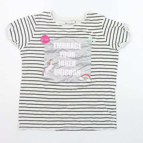 Primark Girls White Striped  Basic T-Shirt Size 12-13 Years  - shiny details