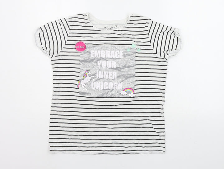 Primark Girls White Striped Basic T-Shirt Size 12-13 Years - shiny details