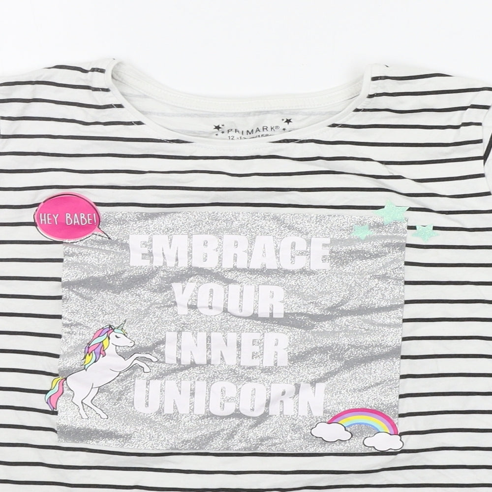 Primark Girls White Striped  Basic T-Shirt Size 12-13 Years  - shiny details