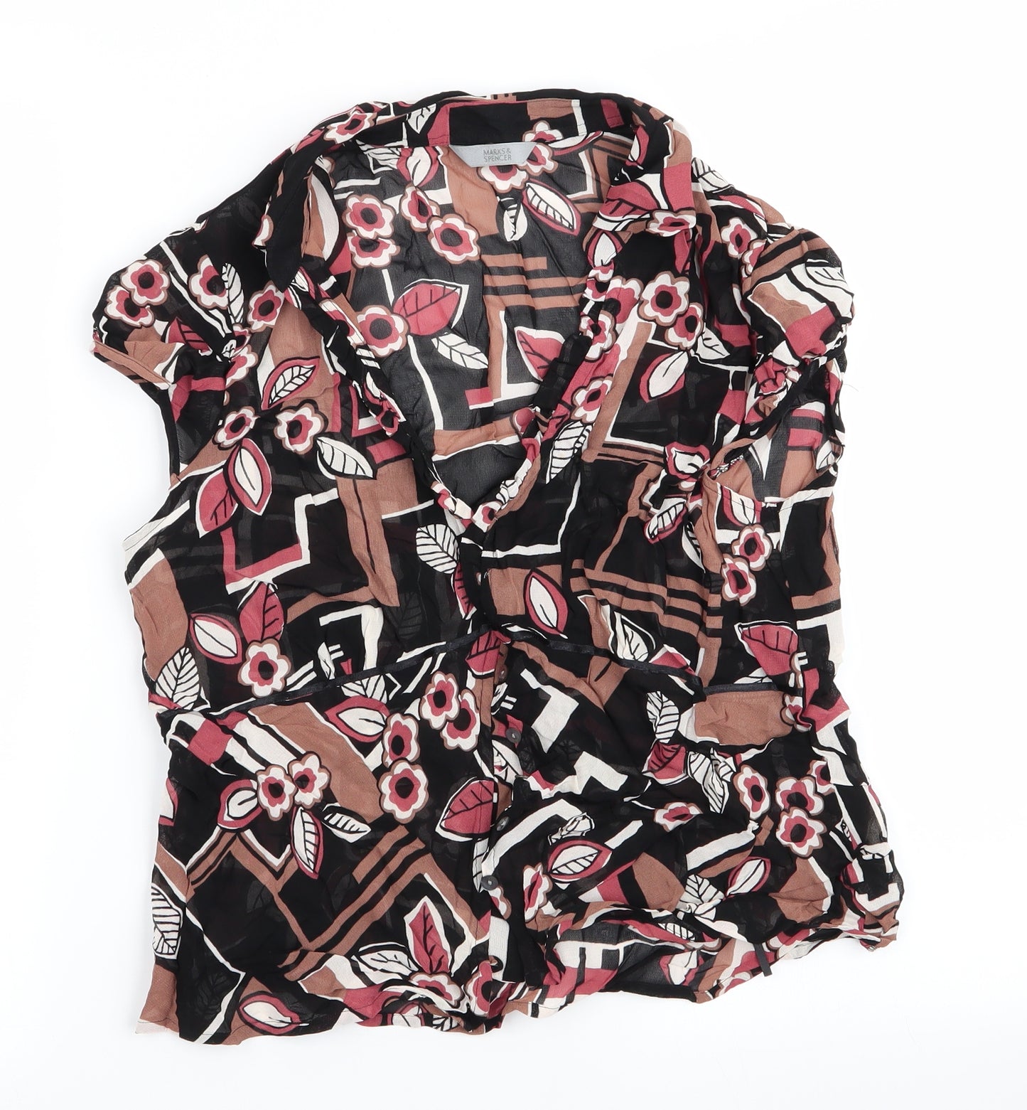 Marks and Spencer Womens Brown Floral  Basic Blouse Size 10  - Ruffled neck