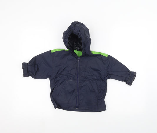 Front view of Mothercare Baby Blue Rain Coat Coat, size 12-18, Months
