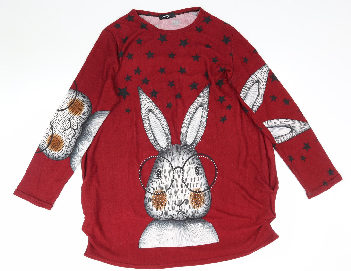 MJ Womens Red  Knit Basic T-Shirt Size L  - Bunny Rabbit, Ruched detail