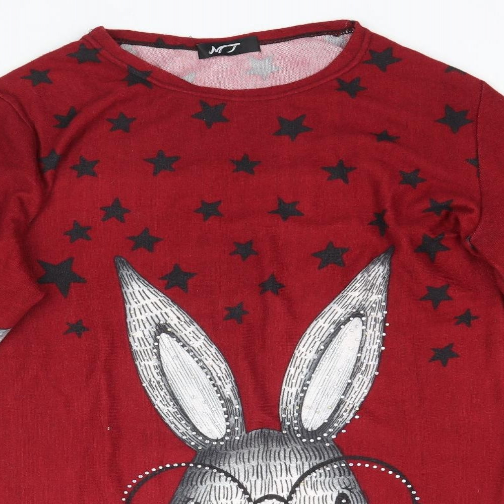 MJ Womens Red  Knit Basic T-Shirt Size L  - Bunny Rabbit, Ruched detail