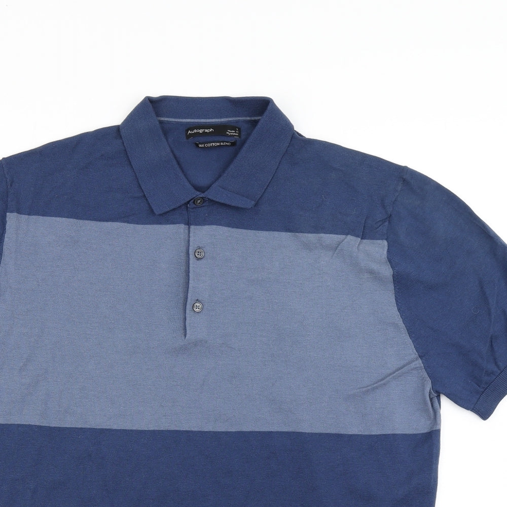 Autograph Mens Blue Striped Knit  Polo Size L