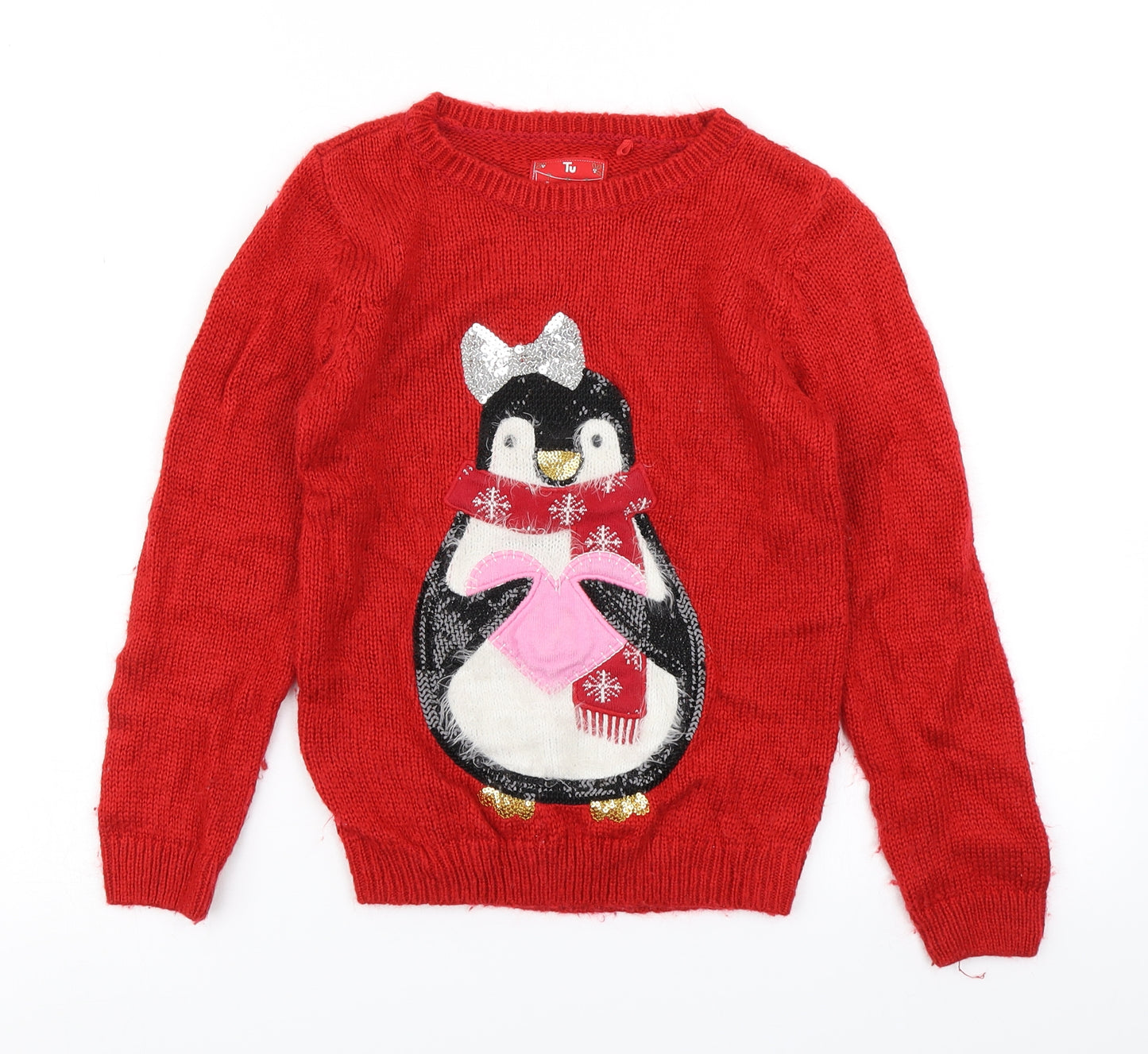 TU Girls Red  Knit Pullover Jumper Size 9 Years  - Christmas jumper