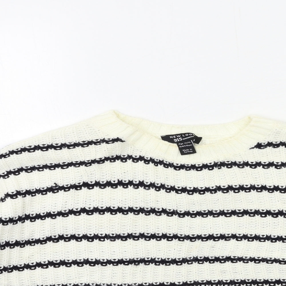 New Look Girls White Striped Knit Pullover Jumper Size 14-15 Years