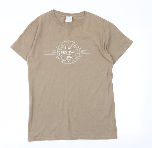 Front view of Gildan men’s beige t-shirt, size S