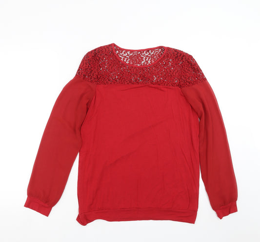Front view of Next women’s red basic blouse, size UK 10, - lace detail