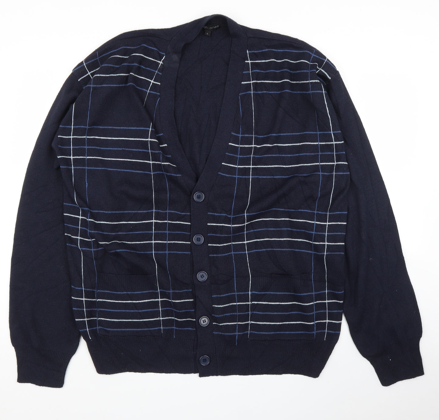 Jason Jones Mens Blue Check  Cardigan Jumper Size L