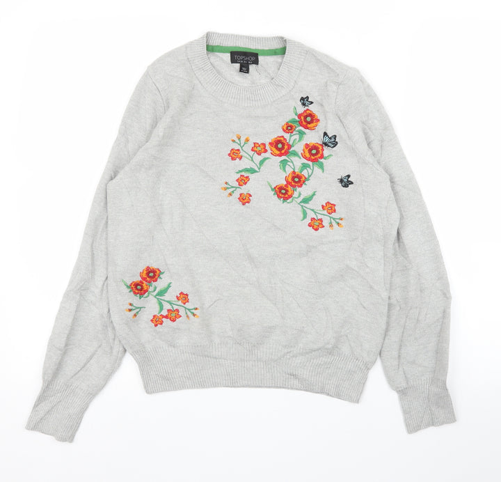 Topshop Womens Grey Floral  Pullover Jumper Size 6