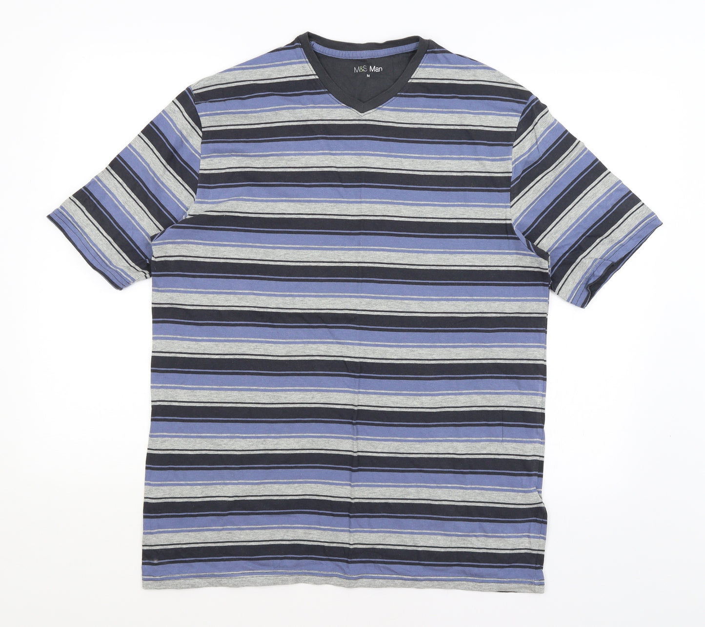 M&S Mens Blue Striped   T-Shirt Size M