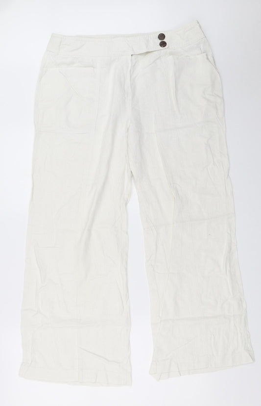 Front view of Preworn women’s white trousers, size UK 16, 28-inch leg