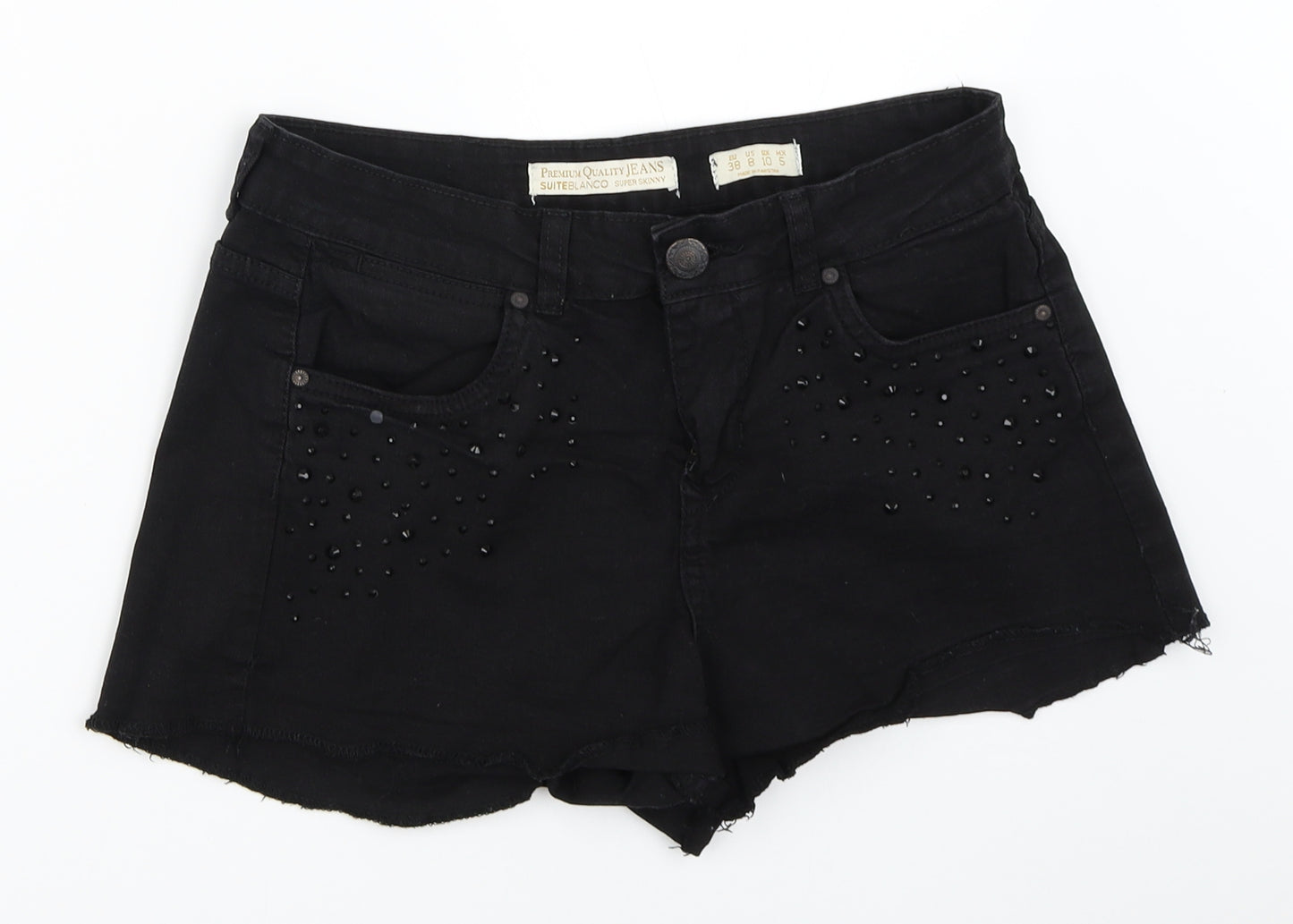 Suiteblanco Womens Black  Denim Hot Pants Shorts Size 10