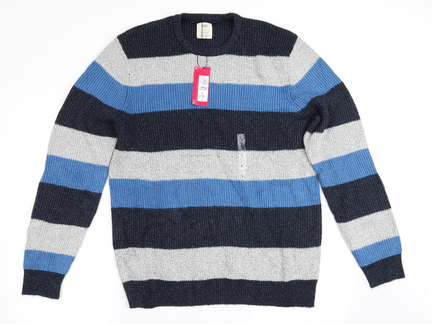 Marks and Spencer Mens Blue Striped  Pullover Jumper Size L