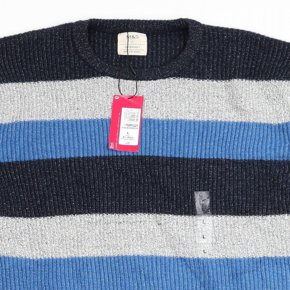 Marks and Spencer Mens Blue Striped  Pullover Jumper Size L