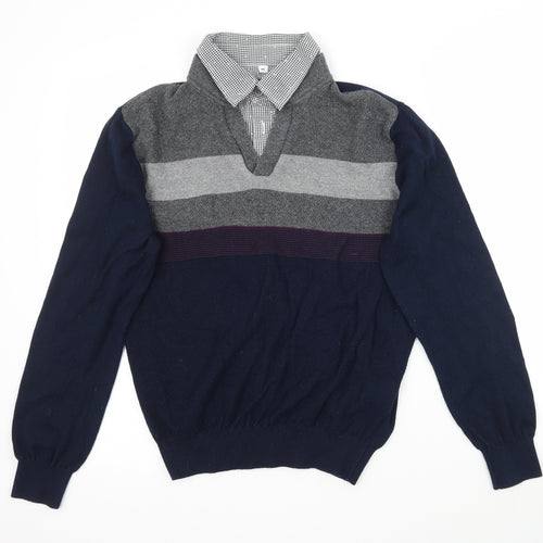 Preworn Mens Blue Striped Knit Pullover Jumper Size M
