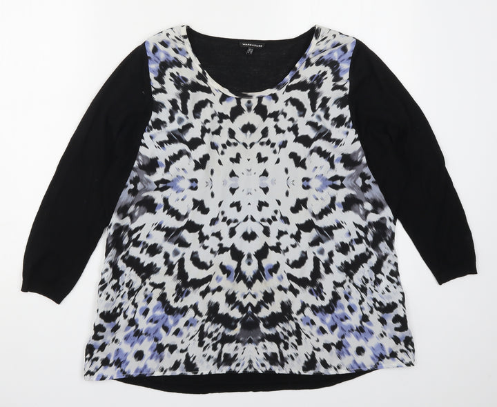 Warehouse Womens Black Animal Print  Basic T-Shirt Size 10  - Blue