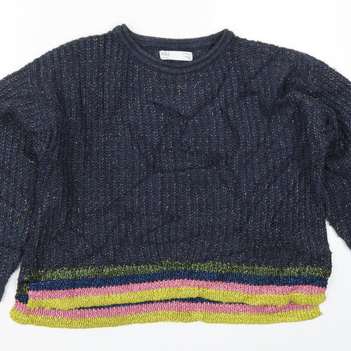 Marks and Spencer Girls Blue Striped Knit Pullover Jumper Size 9-10 Years